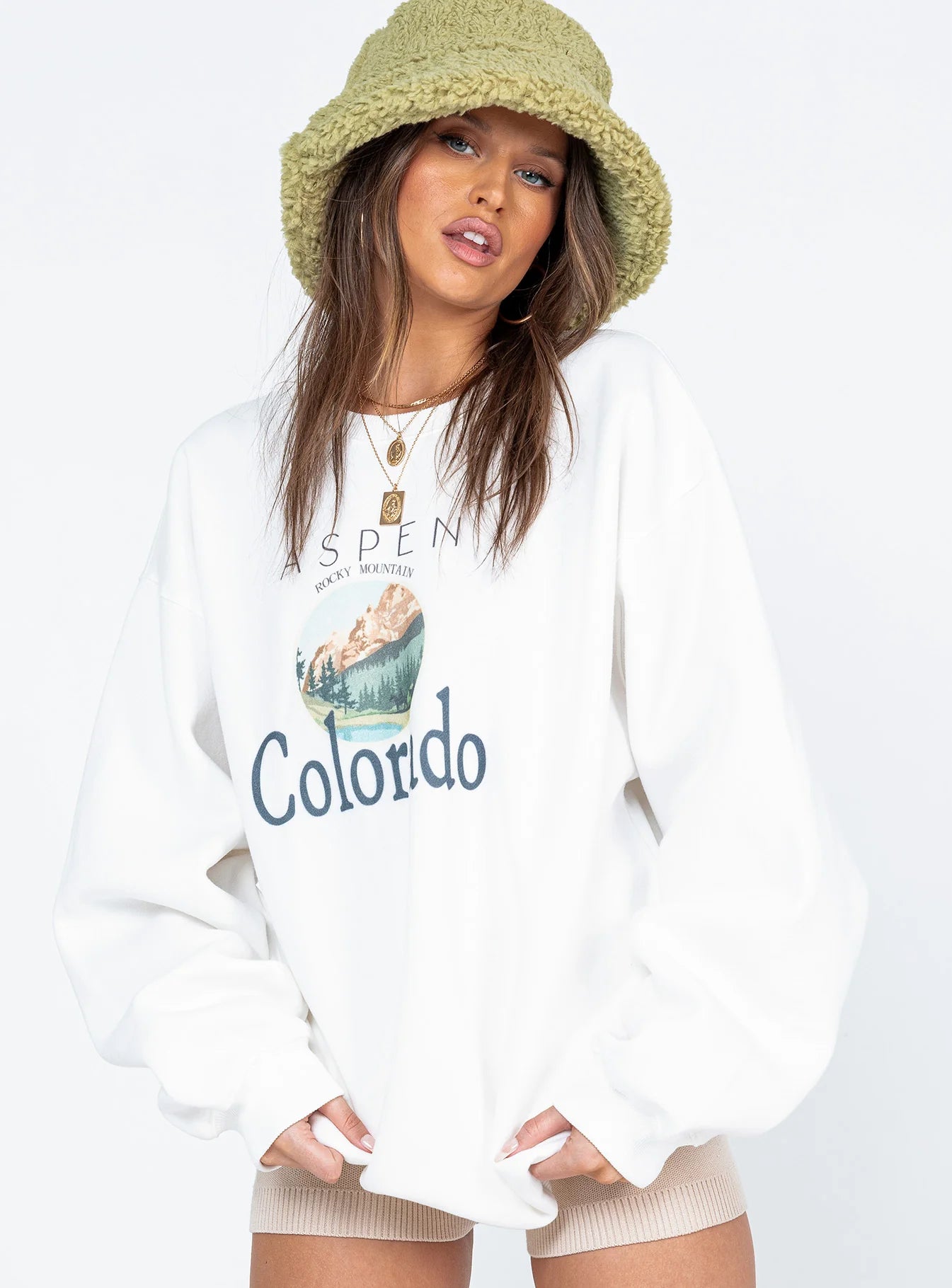 Colorado Print Oversized Crewneck White Sweatshirt