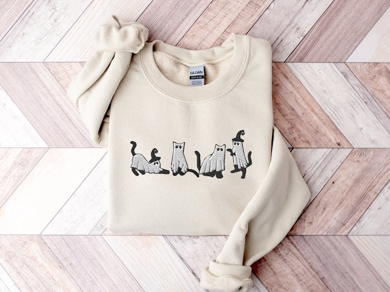 Embroidered Cat Halloween Sweatshirt