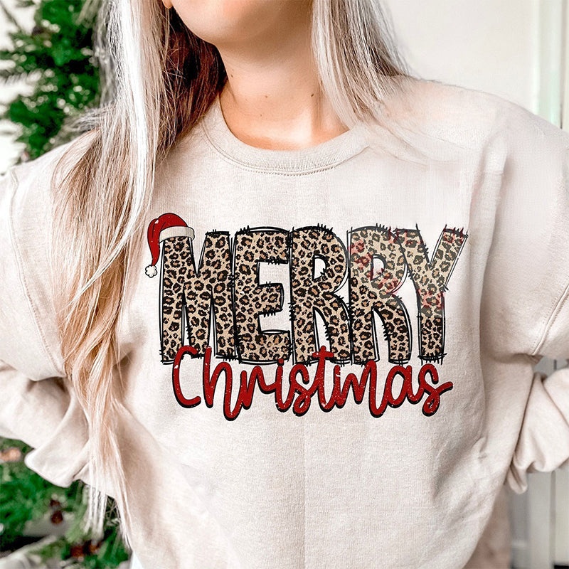 Leopard Print Merry Christmas With Santa Hat Sweatshirt
