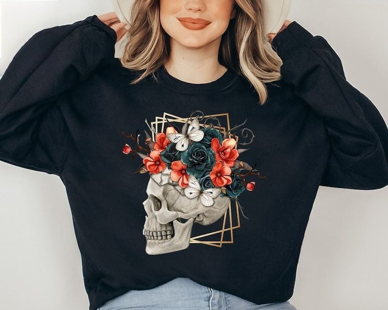 Flower Skull Halloween Crewneck Sweatshirt