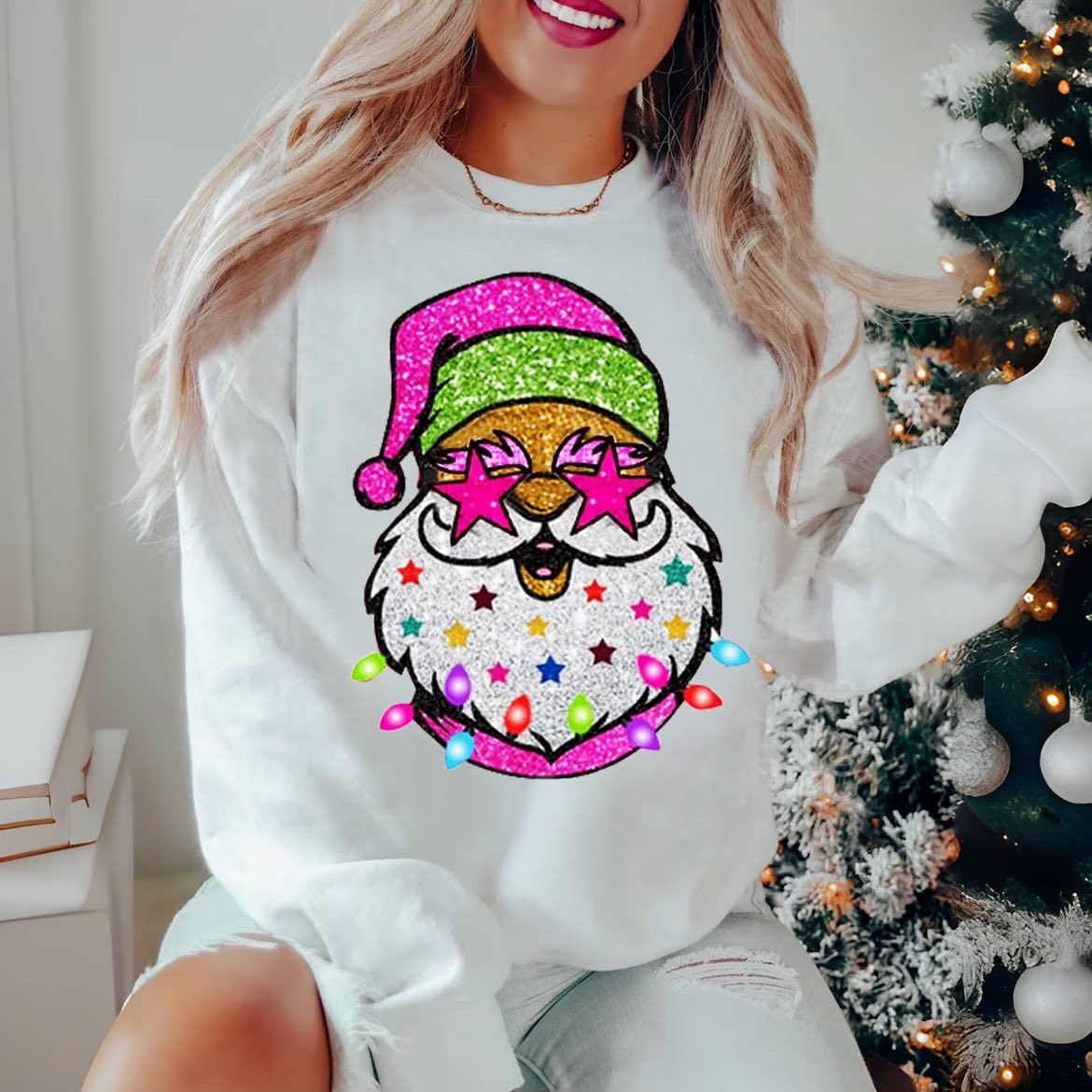 Trendy Pink Santa With Sunglasses Sweatshirt
