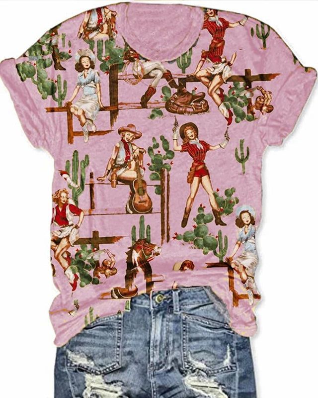 Western Vintage Print Print Short Sleeve T-Shirt